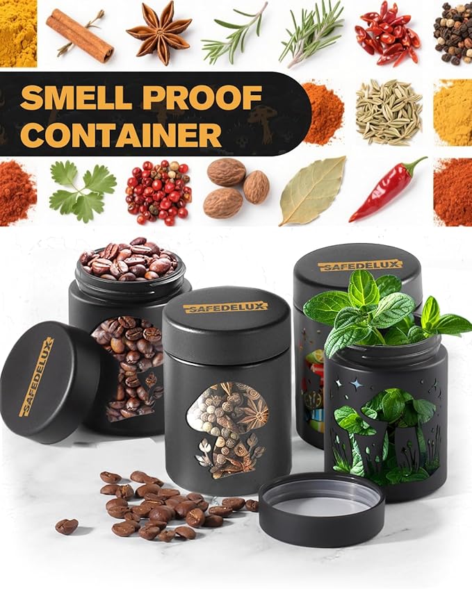 Airtight Smell Proof Jar 4oz, Viewing Window Jars Design with UV Protection Glass, Keeps Spices & Tea Fresh, Portable Travel Storage, Durable Airtight Glass Jar for Everyday Use