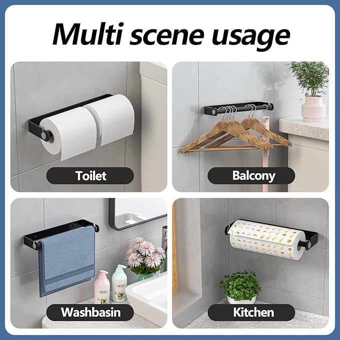 Aheucndg Paper Towel Holder for Kitchen, Wall Mount Paper Towel Holder, for Kitchen or Bathroom Self-Adhesive or Drill Mounting Paper Roll Holder Under Cabinet (Black 2Pack)