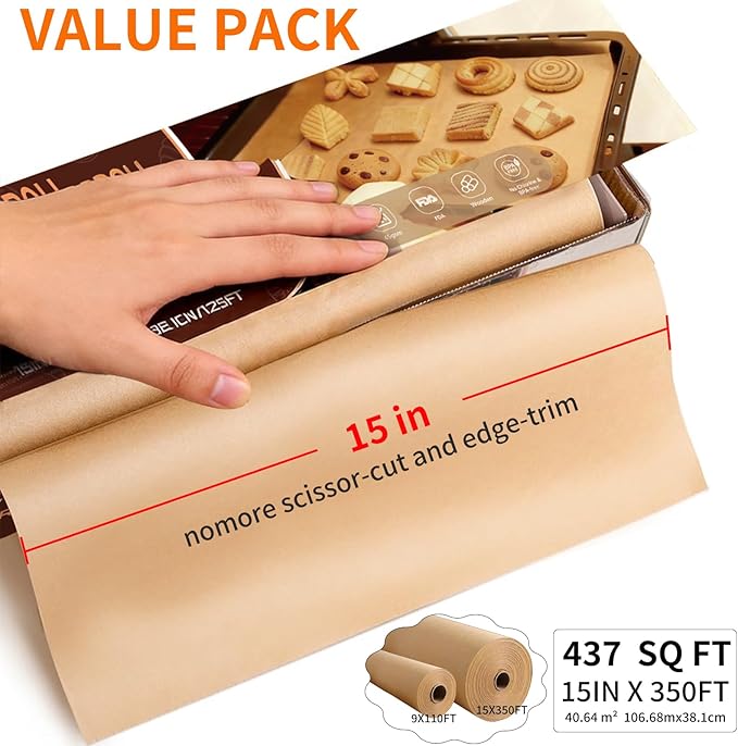 Unbleached 15x350 ft Parchment Paper Roll, 437 Sq.Ft, Non Stick Brown Extra Long Baking Paper Sheets with Serrated Cutter for Cooking, Baking, Grillin, Steaming Bread Cookies, Oven/Air Fryer/Microwave
