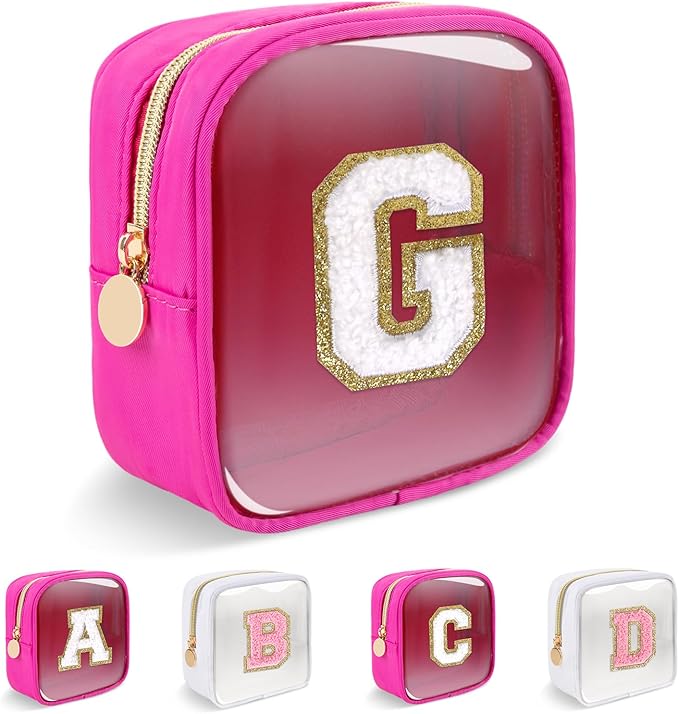 Personalized Initial Letter Clear Preppy Makeup Bag, Mini Nylon Chenille Letter Cosmetic Bag Cute Zipper Pouch Coin Purse for Teen Girls, Portable TSA Approved Travel Essentials Bag Gift for Women, G