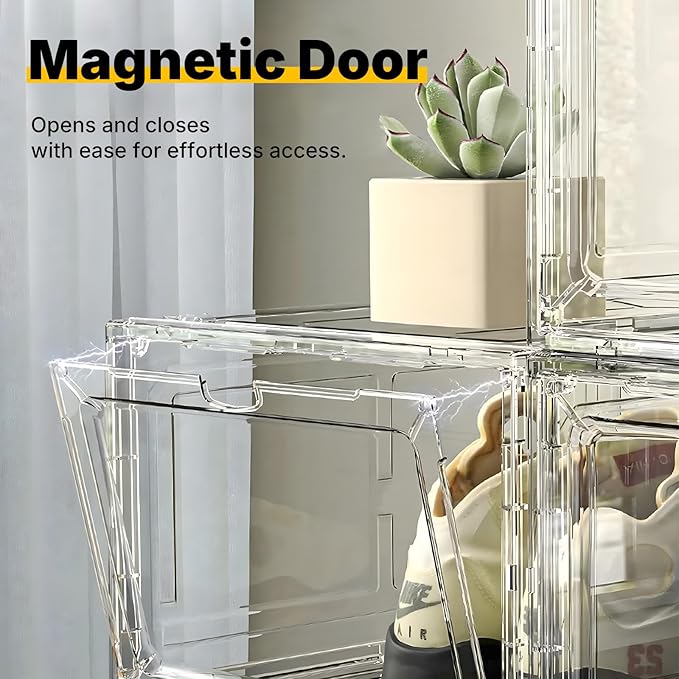 Thick & Sturdy Clear Shoe Boxes with Magnetic Front Door, Stackable Plastic Sneaker Storage Organizer for Closet, Space-Saving Foldable Shoe Containers for Boots & Heels, Durable Shoe Cabinet, 6 Pack