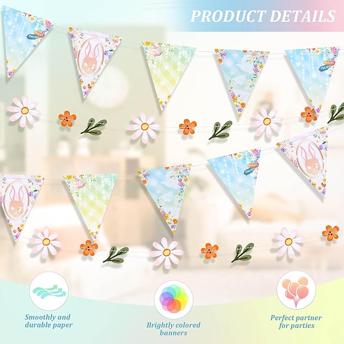 Dayker 3PCS Triangle Bunting Banner Garland, Spring Floral Flags Pennant Garlands, Reusable Paper Hanging Decorations, Carnival Theme Birthday Party Outdoor Events Decor Supplies