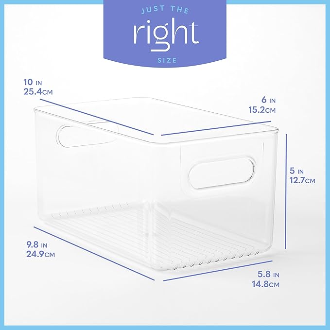 Plastic Food Storage 6 Pack Clear Container Bin with Handles for Organizing Kitchen, Pantry, Fridge, Freezer, Pantry, Bathroom. 10"x6"x5"