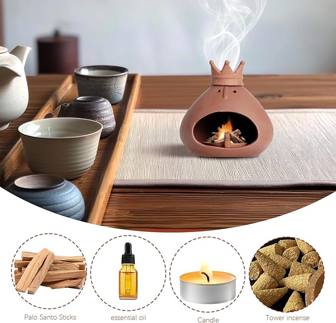 Terracotta Palo Santo Holder Incense Burner with Chimney for Yoga, Relaxation, Meditation, Sticks Dish, Sage Ash Catcher, Smudge Bowl, Cone Burner, Essential Oil Burning, Gift for Women Christmas