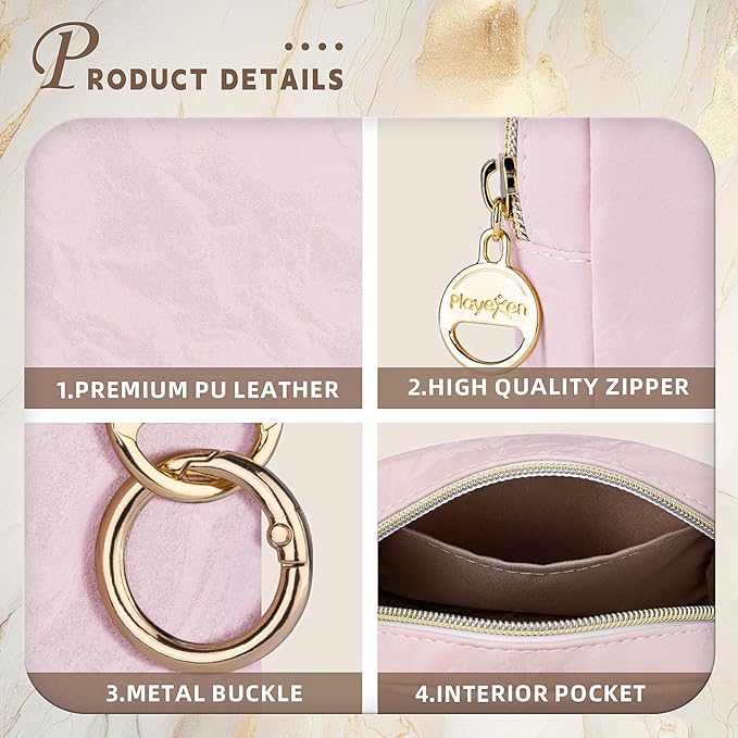 5.5" Small Makeup Bag for Purse, PU Leather Mini Cosmetics Bag with Ring Buckle, Portable Small Travel Makeup Pouch for Women, Birthday/Wedding/Christmas Gifts (Marble, Beige)