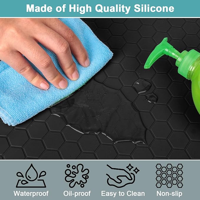 Waterproof Under Sink Mat, 28" x 19" Silicone Under Sink Mats for Kitchen, Under Kitchen Sink Mats and Protector Mat, Sink Cabinet Protector Mats for Bathroom, Black