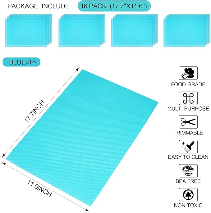 16 Pcs Refrigerator Liners Mats Washable, Refrigerator Mats Liner Waterproof Oilproof, Shinywear Fridge Liners for Shelves, Cover Pads for Freezer Glass Shelf Cupboard Cabinet Drawer (16 Blue)