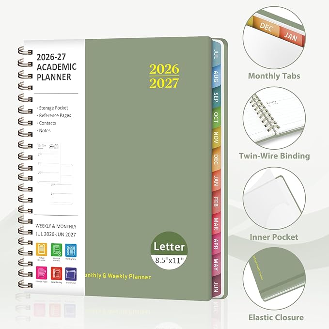 Planner 2026-2027, Weekly and Monthly Academic Planner, July 2026 - June 2027, Hardcover Calendar Agenda Book for School Year Planning, School Supplies for Teacher and Student, Letter Size(8.5'' x 11'')