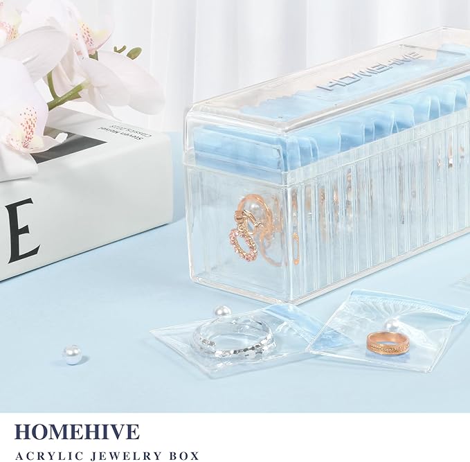 Acrylic Jewelry Box Organizer, Clear Jewelry Organizer Holder with 20 Portable Anti Tarnish Jewelry bags, Travel Jewelry Case for Earrings/Rings/Necklaces for Women Girls, Blue