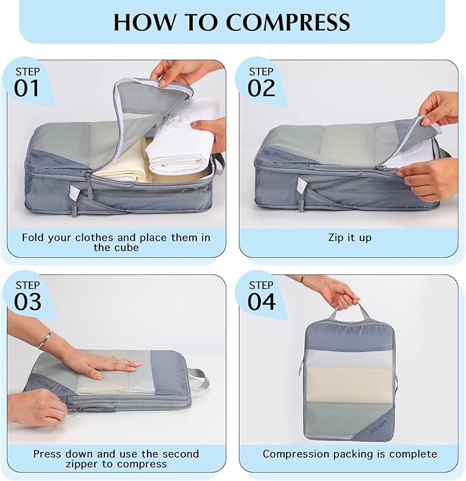 PFEYRPK Lightweight Compression Packing Cubes for Suitcases, Compressible Expandable Travel Packing Organizer with Clear Toiletries and Backpack Bag, Travel Essentials for Carry-on Luggage, 7-Piece Set