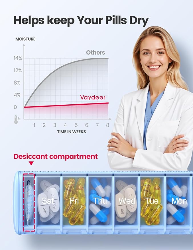 Vaydeer Metal Travel Pill Organizer – Compact Weekly Pill Box for Daily Medication – Portable Small Pill Case for Vitamins, Pills & Supplements (Silver)