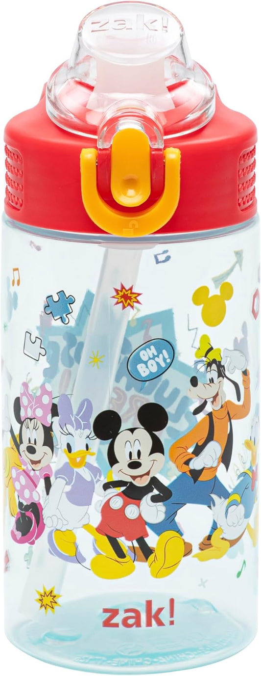 Zak Designs Disney Mickey Mouse Sage Kids Water Bottle For School or Travel, 16oz Durable Plastic Water Bottle With Straw, Handle, and Leak-Proof, Pop-Up Spout Cover (Clubhouse Crew)