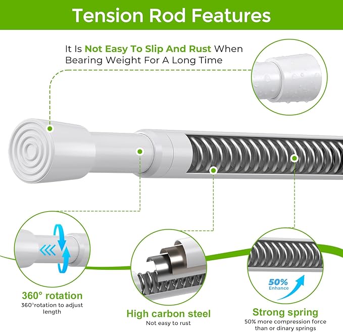 2 Pack Spring Tension Rods 33-59 Inches Adjustable White No Drill Spring Loaded Curtain Rod Small Short Tension Curtain Rod Expandable Tension Rod for Windows,Kitchen,Doorway,Bathroom,Cupboard Bars