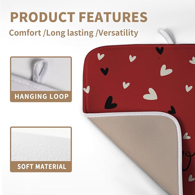 Valentine Dish Drying Mat for Kitchen Counter Valentines Day Red Black Love Heart Holiday Drying Mats Absorbent Microfiber Dish Draining Mat Medium Dish Rack Pad 16x18 Inch