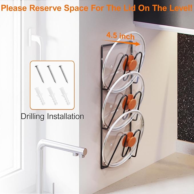 2 Pack Pot Lid Organizer Rack, 6-Tier Pot Lids Holder for Cabinet Door/Wall, No Drilling Adhesive Wall/Door Mounted Rustproof Pot and Pan Cover for Kitchen Storage, Classic Black