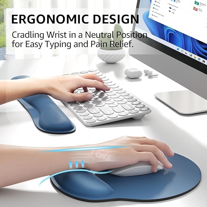 KTRIO Ergonomic Keyboard Wrist Rest and Mouse Pad with Wrist Rest Set, Memory Foam Wrist Support for Typing, Gaming, Office and Home Use, Pale Pink, Navy Blue