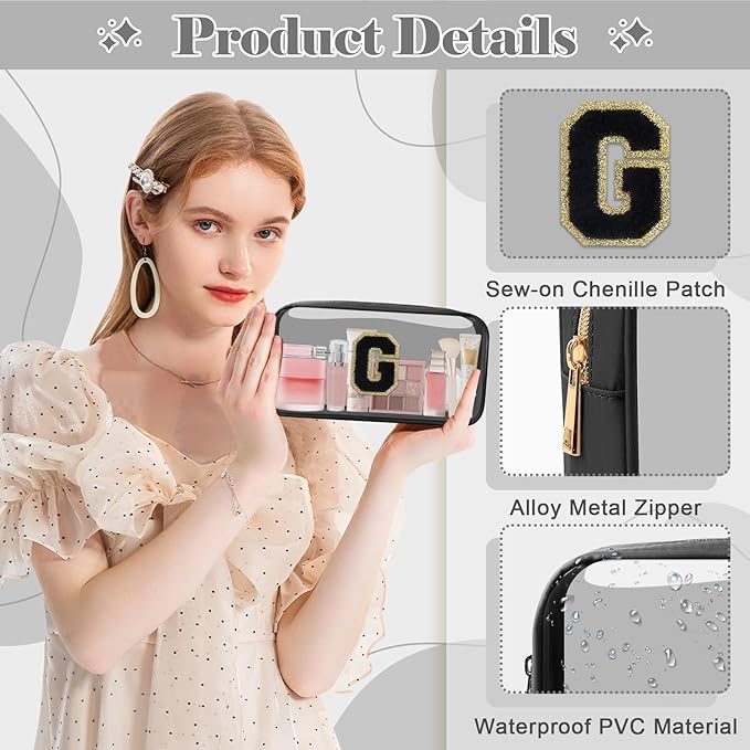 Personalized Initial Letter Clear Makeup Bag, Preppy Small Nylon & PVC Cosmetic Zipper Bag with Chenille Letter, Travel Skincare Toiletry Bag, Monogram Christmas Gift for Teen Girls Women, G