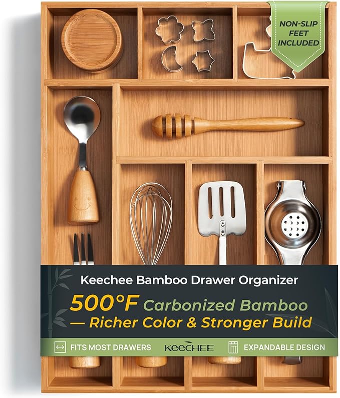 keechee Carbonized Bamboo Kitchen Drawer Organizer, 8 Slots Silverware Organizer, Utensil Holder & Cutlery Tray, 2.2" Deep for Extra Capacity, Non-Slip Feet Included