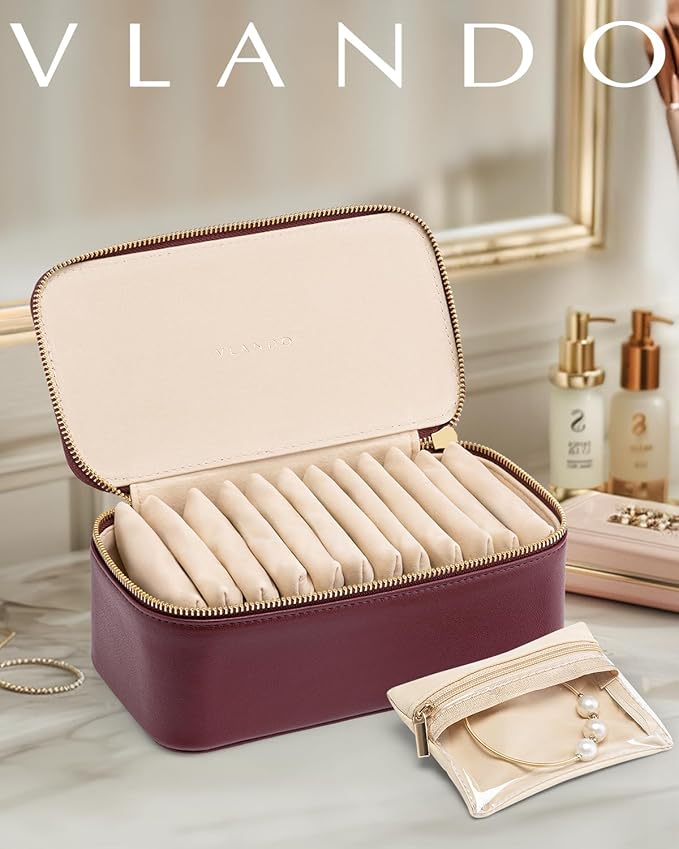 Vlando Jewelry Travel Case, Travel Jewelry Organizer with Clear Velvet Jewelry Bags, 12Pcs Zipper Pouch for Women, Gifts for Friends, Sister - Red