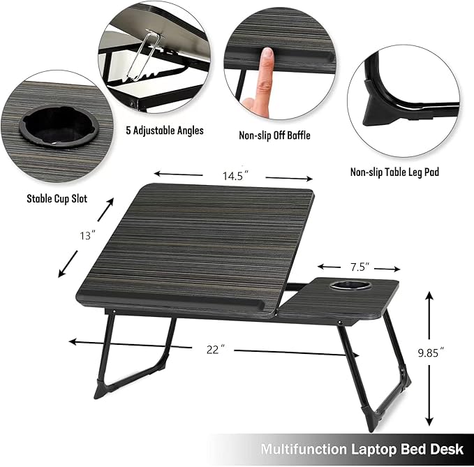 Laptop Desk for Bed Couch, Lap Desk for Laptop, Portable Laptop Stand for Desk, Small Adjustable Laptop Desk, Foldable Bed Table for Laptops and Writing, Bed Tray Table with Cup Holder (Black)