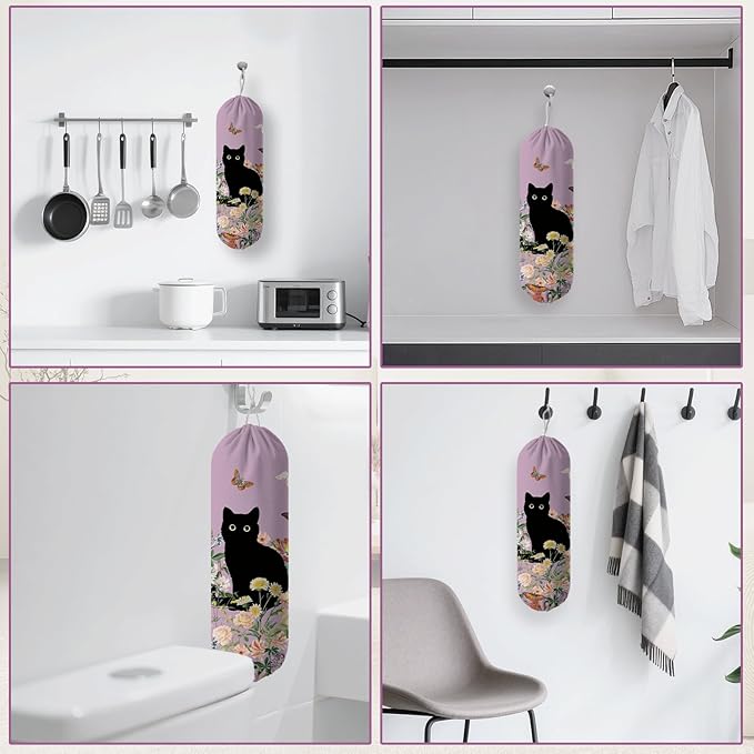 Plastic Bag Holder, Grocery Bag Organizer Storage, Kitchen Dispenser Holders Reusable Shopping with Free Adjustment Drawstring Closure for Home Kitchen Decor, Flower Cat