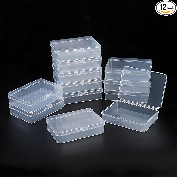 LJY 12 Pieces Rectangular Empty Mini Clear Plastic Organizer Storage Box Containers with Hinged Lids (4.5 x 3.3 x 1.1 inch, Transparent)