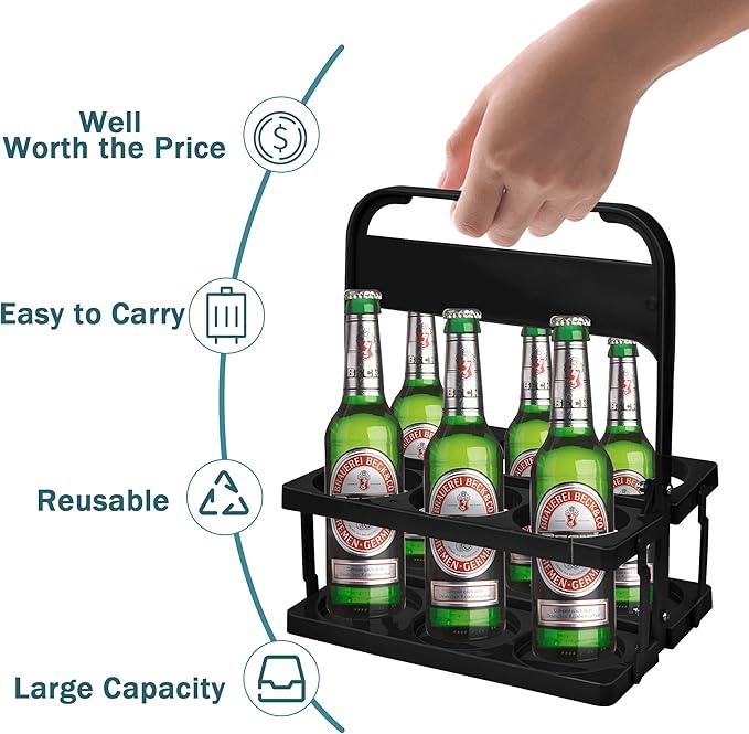 Plastic Portable Cup Holder, Foldable Cup Holder with Handle, 6-Holes Drink Carrier Foldable, Great for Eats Doordash Uber Car Drivers(Black)