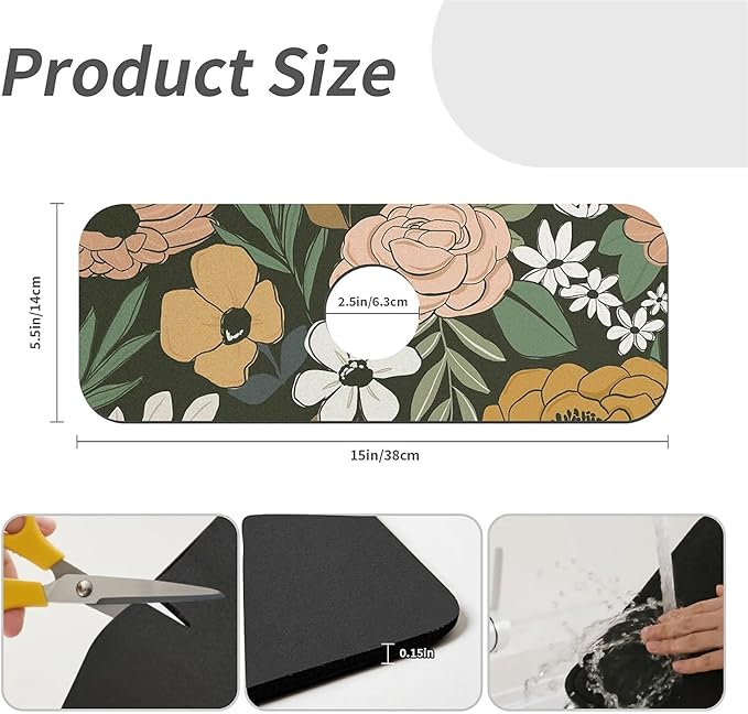 Kitchen Sink Splash Guard, Vintage Large Floral Faucet Mat Sink Gadgets - Super Absorbent Fast Drying Mat Drip Catcher for Kitchen, Bathroom, Sink Mat, Dish Drying Mat, Bathroom (15" X 5.5")