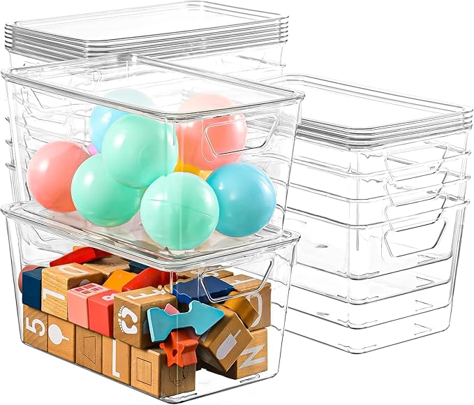 12 Pack Medium Stackable Storage Boxes for Storage and Organization, Clear Storage Bins with Lids, Plastic Storage Containers with Lids, Plastic Bins with Handles for Office, Bedroom, Study Room