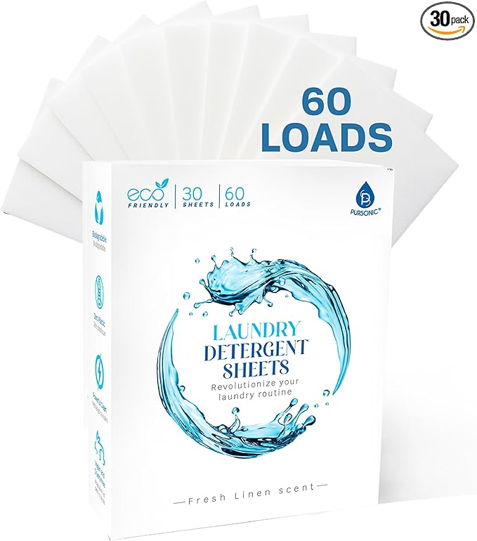 Pursonic Eco Laundry Detergent Sheets - 30 Sheet (60 Loads) Natural Zero Plastic Laundry Sheets with Powerful Cleaning Power - Travel Essentials, Quick-Dissolving & Mess-Free (Fresh Linen)