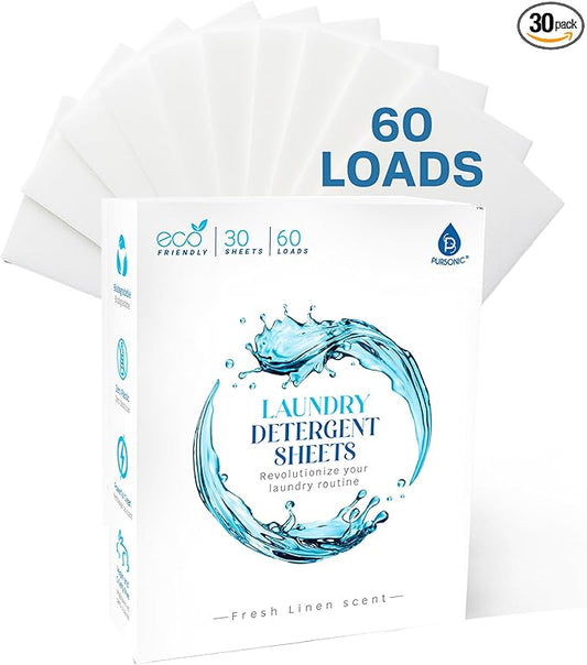 Pursonic Eco Laundry Detergent Sheets - 30 Sheet (60 Loads) Natural Zero Plastic Laundry Sheets with Powerful Cleaning Power - Travel Essentials, Quick-Dissolving & Mess-Free (Fresh Linen)