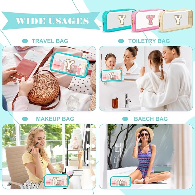 Personalized Initial Letter Clear Makeup Bag, Preppy Small Nylon & PVC Cosmetic Zipper Bag with Chenille Letter, Portable Beach Travel Skincare Toiletry Bag, Trendy Monogram Gift for Teen Girls Women, Y