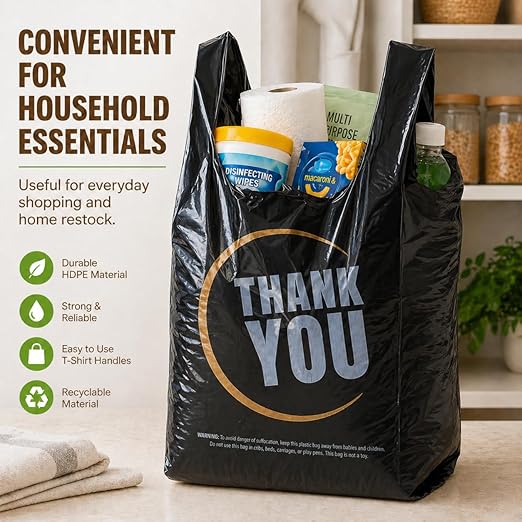 YoYoRain 855 Pack Black T-Shirt Bags with Handles, 11.5"x6.25"x21" Durable HDPE Plastic Shopping & Carry-Out Bags for Grocery, Retail, Takeout & Small Business