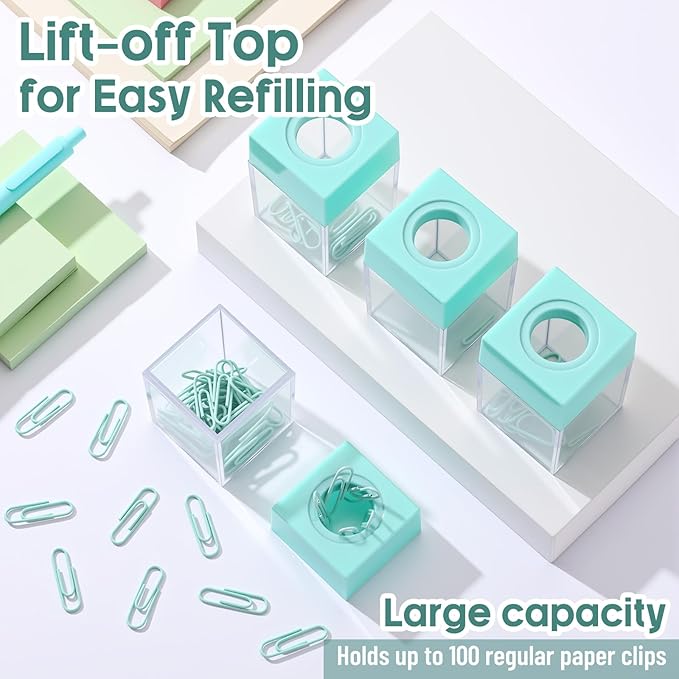 Outus 4 Pieces Magnetic Paper Clip Dispenser Holder Paperclip Dispenser for Desk, School, Office (Light Green)