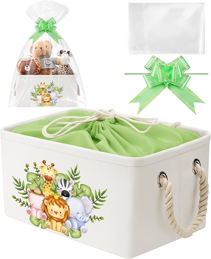 Pickmesh Baby Shower Storage Basket with Gift Bags Rectangular Ribbons Collapsible Canvas Storage Bin with Handles for Diaper Organizing Toy Home DIY Gift Basket, 13 x 9. 1 x 7. 1 Inch(Jungle Theme)