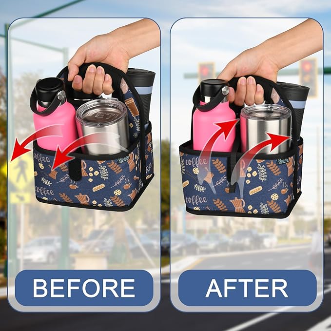 Beautyflier Reusable Insulated Coffee Cup Carrier, Portable Drink Holder with Handle Organizer Tote Bag for Hot & Cold Drinks (Blue Plants)