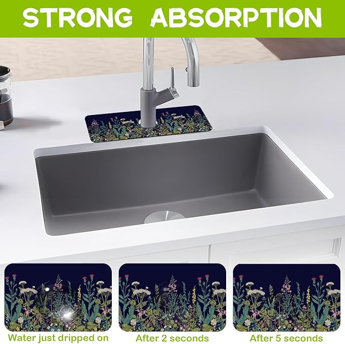 Colorful Herbs and Wild Flowers Kitchen Sink Splash Guard Faucet Mat Super Absorbent Fast Drying Mat Guard Behind Faucet Drip Catcher for Kitchen Bathroom, 15.5"X5.5"