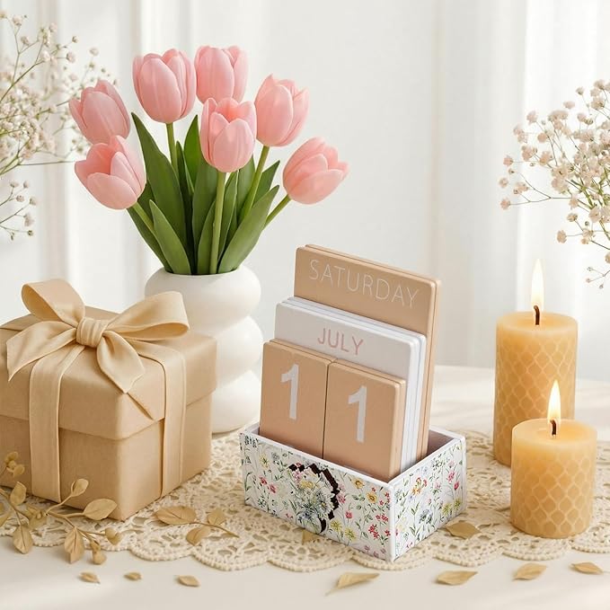 Wildflower Wood Block Perpetual Calendar Coquettish Farmhouse Desk Decor Cute Watercolor Wildflower Month Week Date Display Decorative Block Calendar Office Home Desk Gift for Women