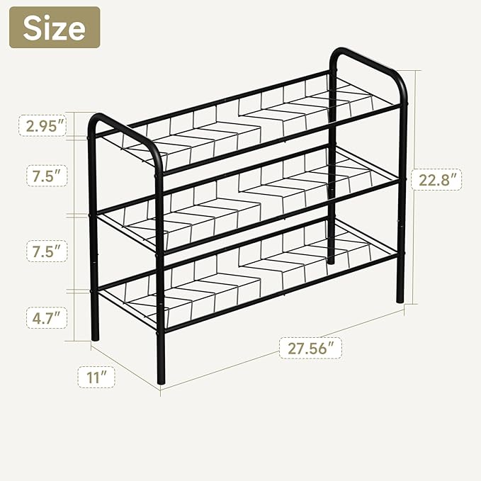 3-Tier Metal Shoe Rack, Free Standing Shoe Storage Rack for Entryway, Closet and Hallway (Black, 3-Tier-Short)
