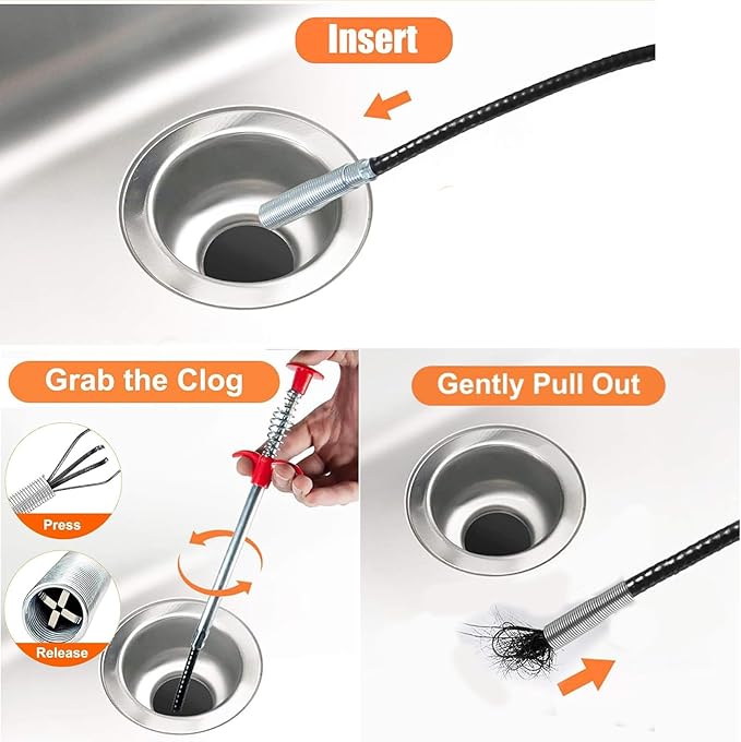 Drain Snake，Plumbing Drain Clog Remover, Gutter Cleaning Tools for Toilet Shower Kitchen Bathroom Tub, Clogged Drains Opener Cleaning Tool, Flexible Grabber Claw Pick Up Reacher (61 IN)