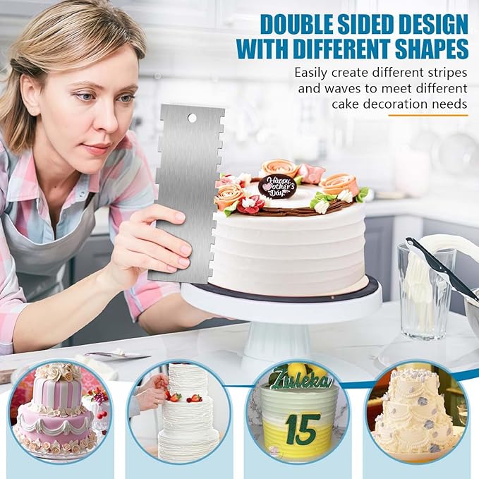 SenseYo 6 Pcs 9 Inch Stainless Steel Cream Cake Scraper Smoother Comb with Double Sides for Decorating Icing Mousse Butter