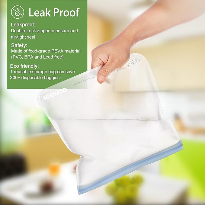 6 Pack Dishwasher Safe Reusable Gallon Freezer Bags Food Storage Bags, Extra Thick Leakproof Silicone & Plastic Free Ziplock Bags for Meal Prep, Fruits, Sandwich, Snack, Travel Items