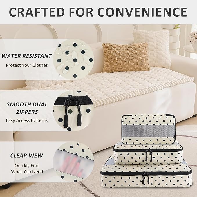 U+U 5 Set Packing Cubes for Travel Essentials Ultralight Luggage Packing Organizers with Laundry Bag and Shoe Bag for Vacation, Business Trip and Camping (Polka Dot)