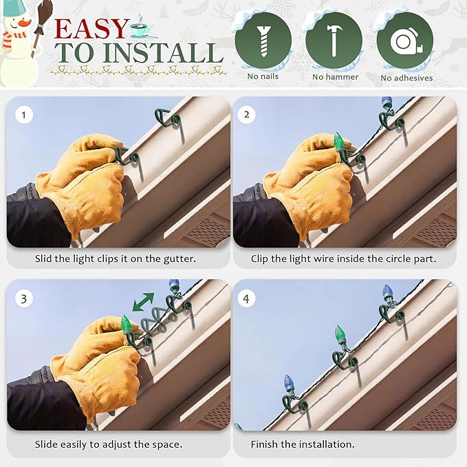 MEILIDY Christmas Light Clips, Weatherproof Plastic Gutter Clips for Hanging Outdoor Holiday Seasonal String Lights, Green, 100 Pcs