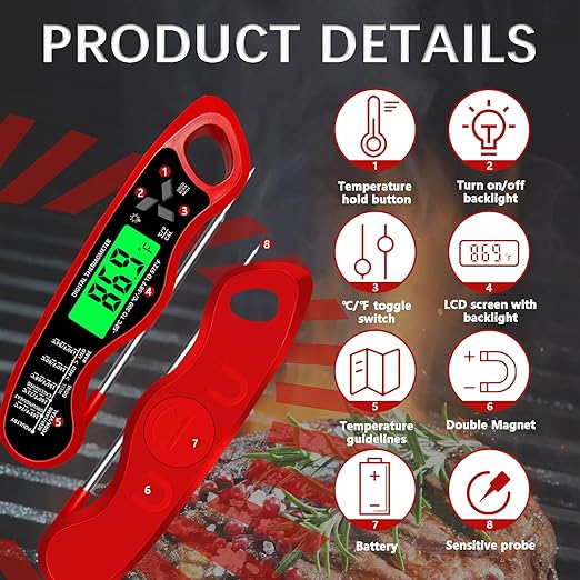 Meat Thermometer Digital，IP67 Waterproof Cooking Thermometer with Backlight, Calibration & Hold Function，Food Thermometer for Cooking,Outdoor Grilling