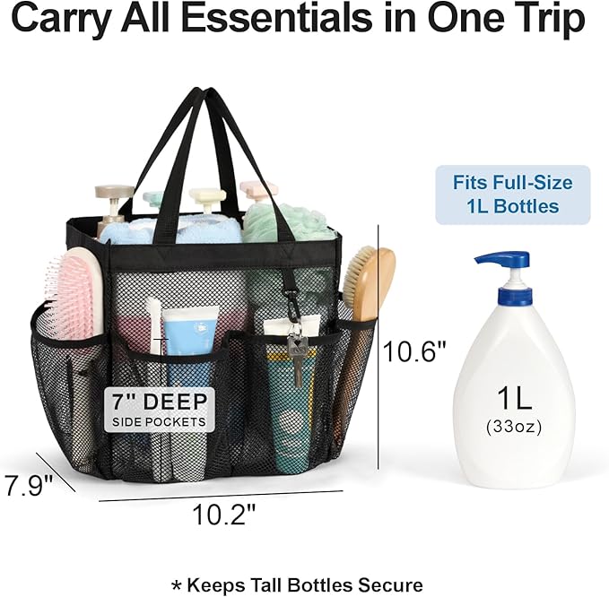 F-color Mesh Shower Caddy Portable with Dividers - Upgraded Deeper 7 Pockets Dorm Room Essentials with S Hook, Shower Bag Basket Tote for Guys Girls College Camping Toiletry Bathroom, Black
