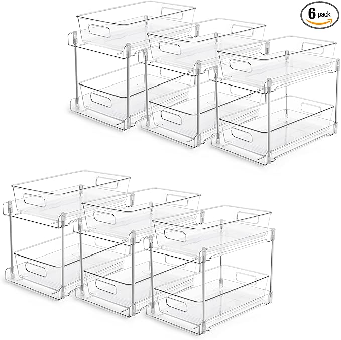 Vtopmart 6 Pack Bathroom Organizer, 2 Tier Clear Under Sink Organizers Vanity Countertop Storage Container, Cabinet Drawers Bins, Pull-Out Organization with Track for Pantry, Kitchen