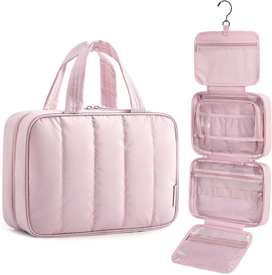 BAGSMART Travel Toiletry Bag for women, Portable Hanging Hook Makeup Bag Organizer, Waterproof Makeup Cosmetic Bag, for Full-Size Accessories, Toiletries, Pink