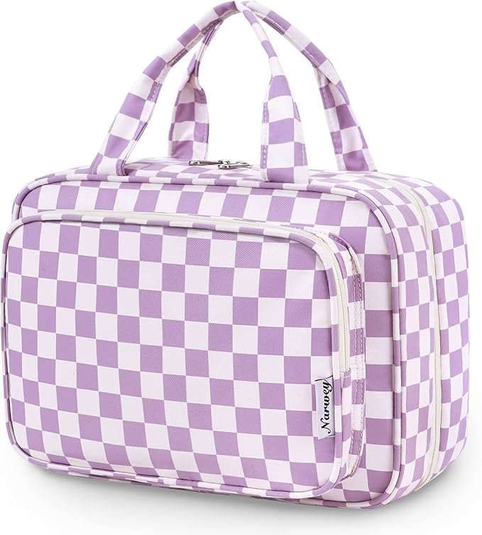Narwey Travel Toiletry Bag for Women Large Hanging Makeup Bag Organizer Toiletries Bag for Full Size Essentials Accessories Cosmetics (Purple Checkerboard (Large))