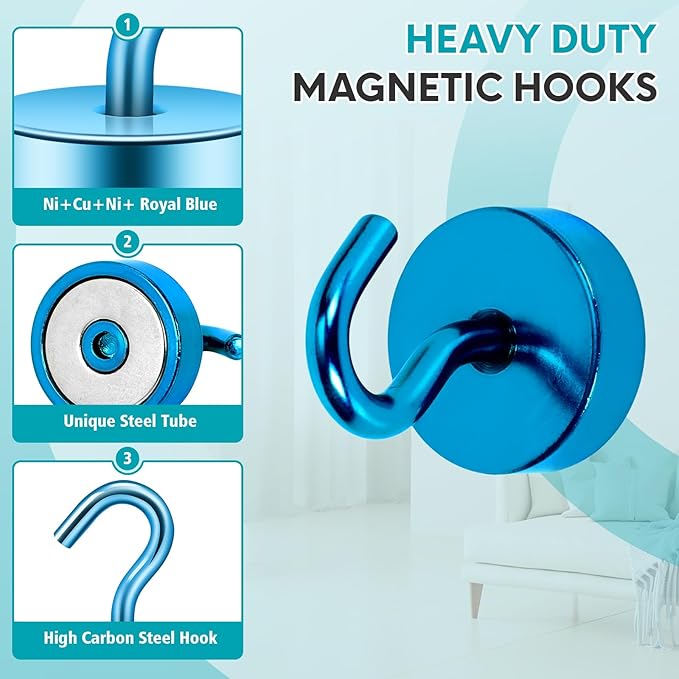 Neosmuk Magnetic Hooks, Cruise Ship Essentials, 40lb+ Heavy Duty Magnetic Hooks for Cruise Cabins, Refrigerator, Grill, Hanging, and Travel | Extra Strong Must-Haves Magnet Hook,RoyalBlue,Pack of 20